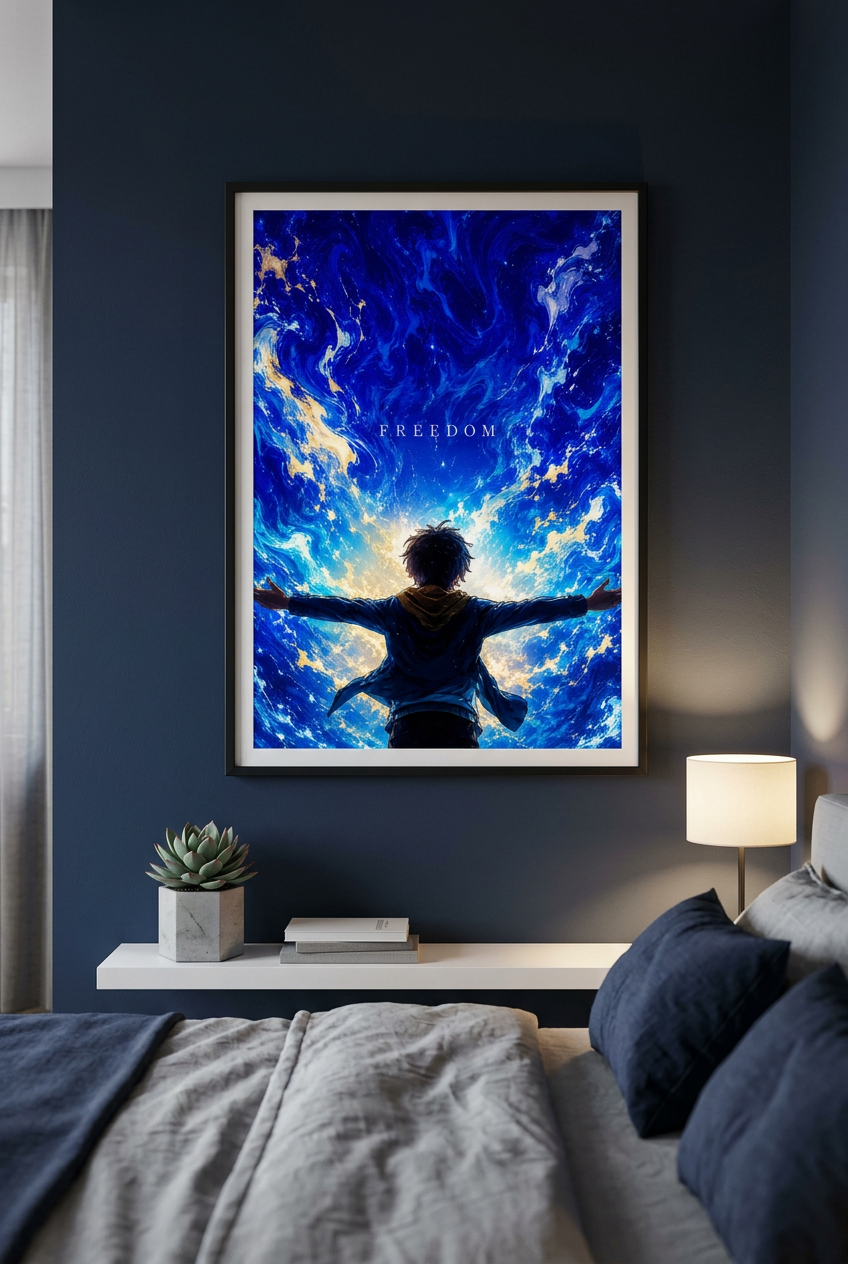 Eren Freedom poster framed on a navy bedroom wall