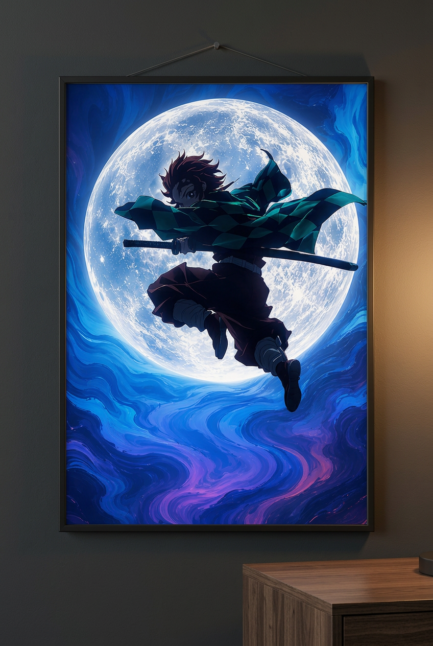 Tanjiro moon poster framed on a dark wall