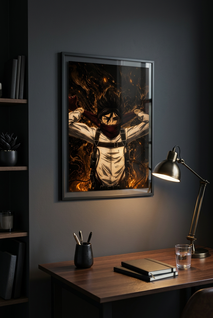 Mikasa Ember poster framed in a dark study