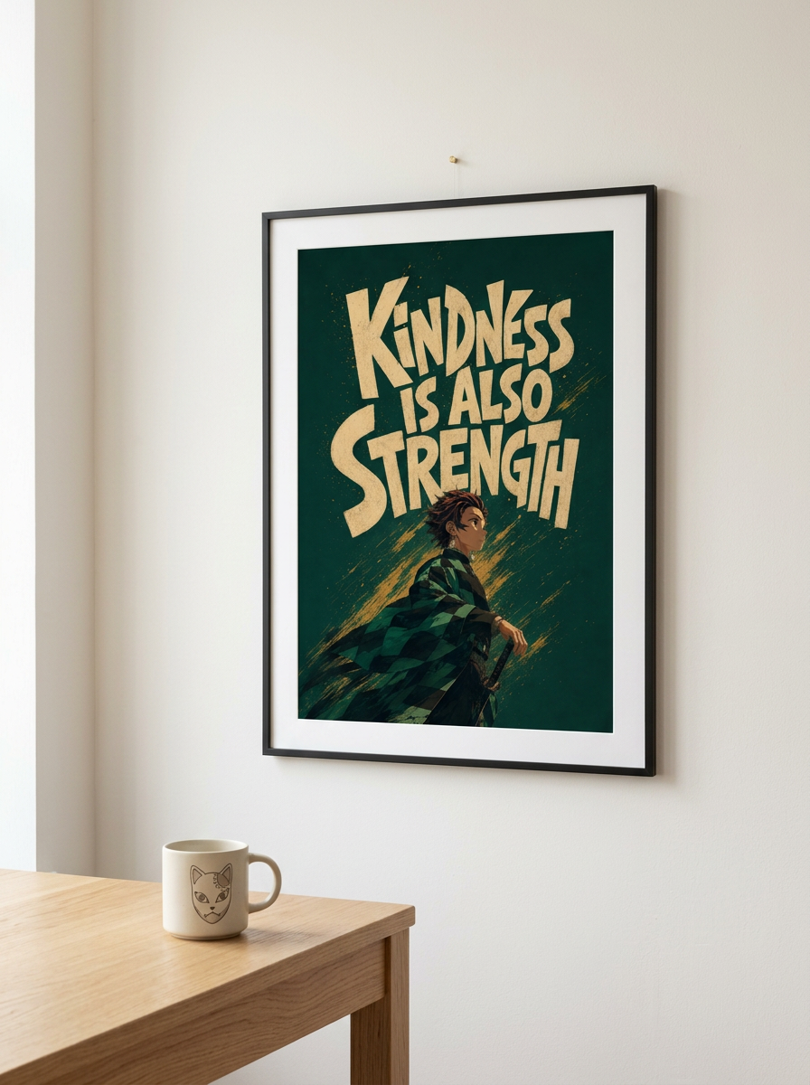 Kindness Is Also Strength poster in a scandi interior