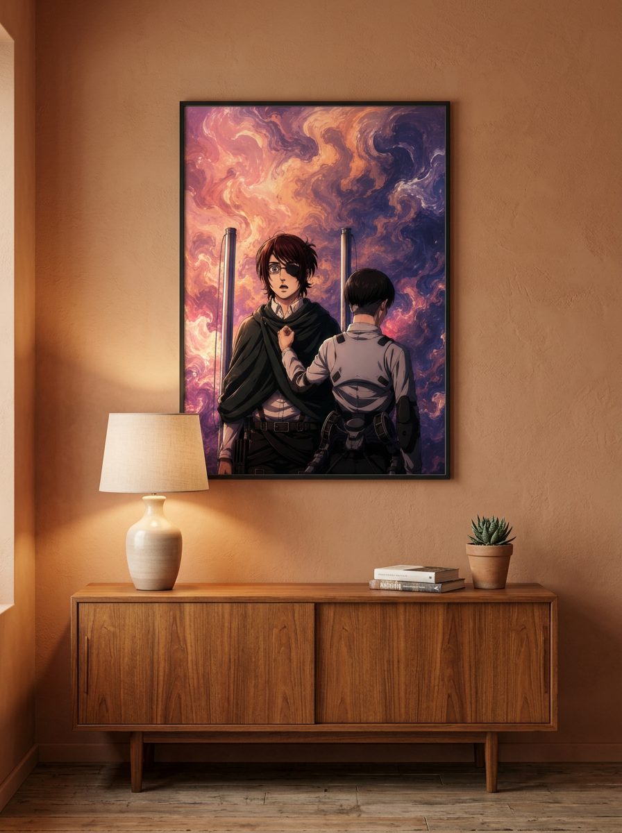 Hange and Levi poster framed above a wooden console