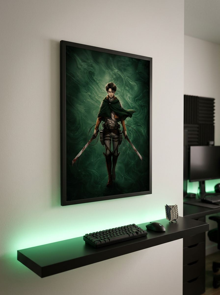 Levi Ackerman poster framed in a modern gaming setup